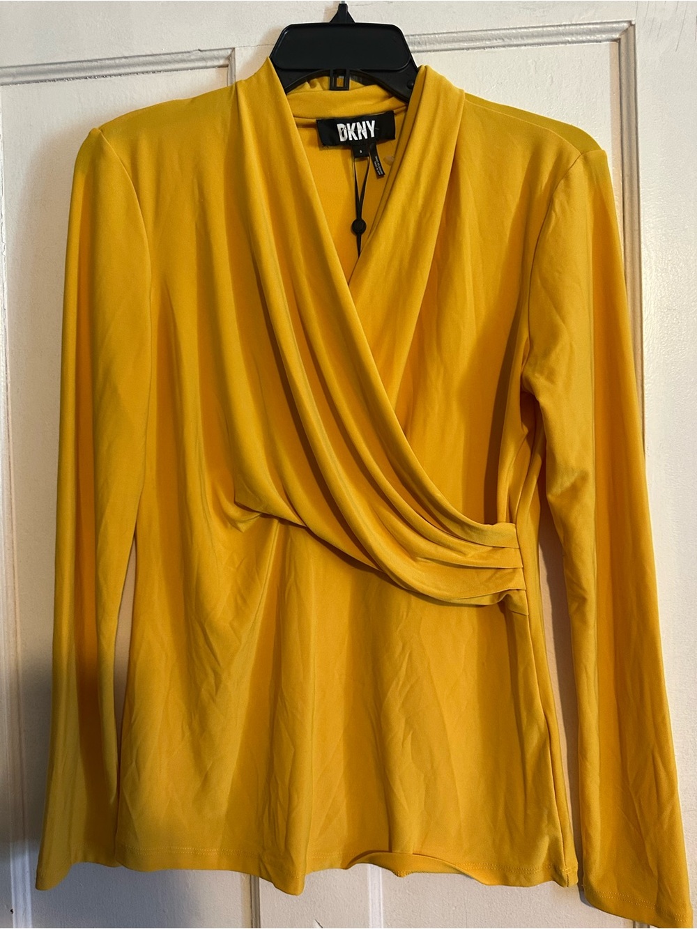 DKNY Mustard Yellow Draped Wrap-Front Long Sleeve Top